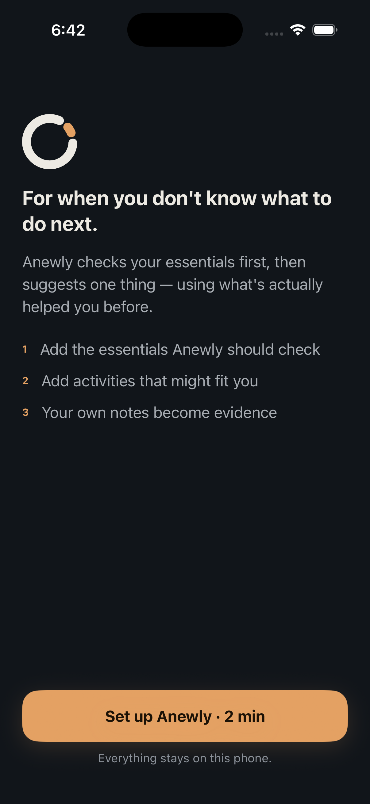 Anewly setup screen explaining essentials, activities, and saved check-ins