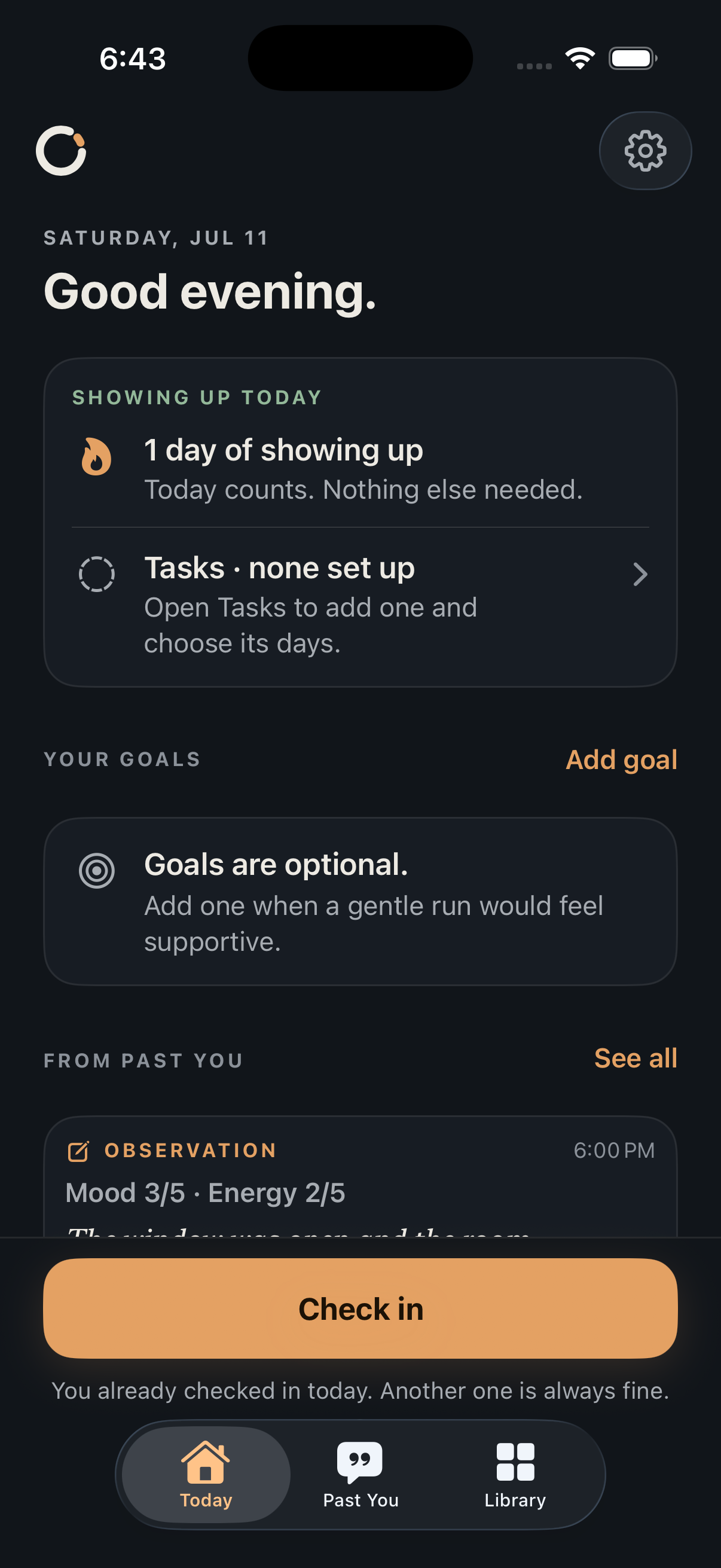 Anewly Today screen showing a check-in, optional goals, tasks, and a note from Past You